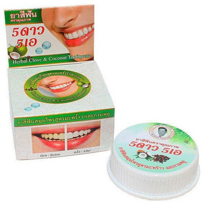 5Stars Тайская зубная отбеливающая паста Кокос Thai Toothpaste Coconut 25 г. Таиланд